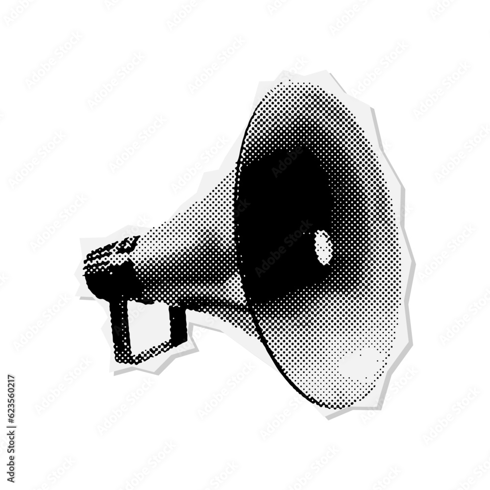 Vetor de Halftone Loudspeaker elements for collage. Megaphone on paper scrap background. Vector