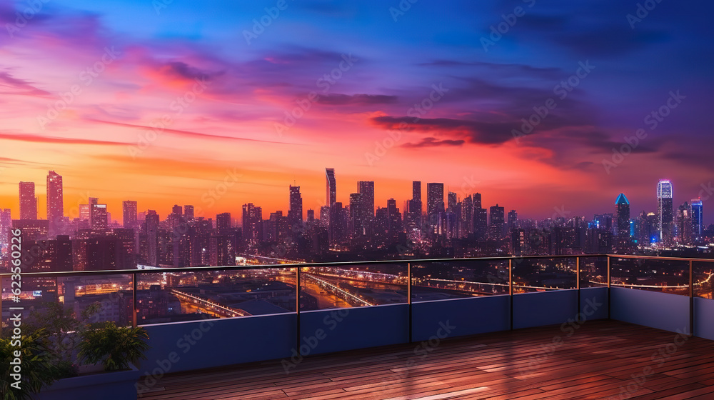 Obraz premium Stunning views of the city skyline from the rooftop terrace. Panoramic view on luxury penthouse roof at colorful sunset. View of buildings in front of the big city at sunset. Generative AI