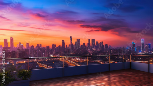 Stunning views of the city skyline from the rooftop terrace. Panoramic view on luxury penthouse roof at colorful sunset. View of buildings in front of the big city at sunset. Generative AI