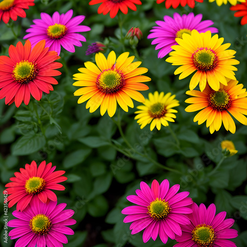 Close-up flower display assortment colorful blooming flowers with green foliage blurred background