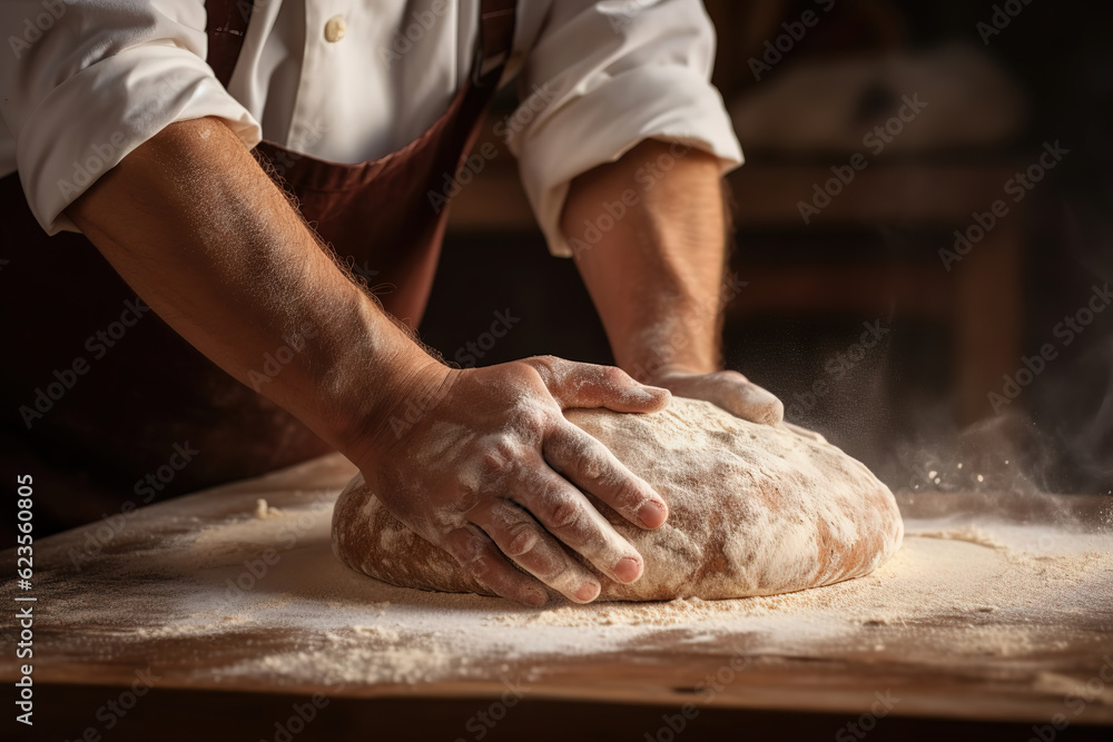 An unidentified artisan baker passionately kneads dough, preparing it for the delicious creation of bread, hands close up, generative ai 
