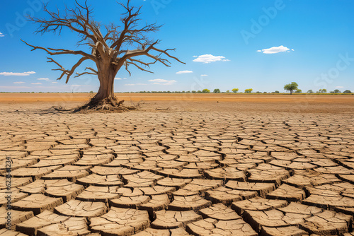 Dead trees on dry cracked earth metaphor Drought, Water crisis and World Climate change, generative ai 
