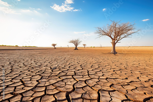 Fotografiet Dead trees on dry cracked earth metaphor Drought, Water crisis and World Climate