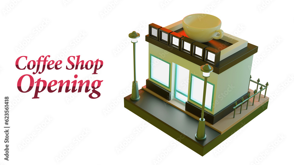 3d Rendering of a Coffee shop opening on white background with typography