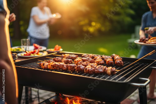 Group of friends having party outdoors. Focus on barbecue grill with food, generative ai 