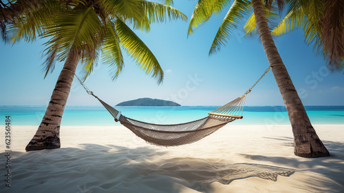hammock tied between two palm trees on a white sandy beach, generative ai 