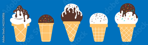 Ice cream in retro 90s style. Aesthetics of the 2000s. Ice cream in a waffle cup. Chocolate and white ice cream set. Futuristic simple illustration. Minimalism.