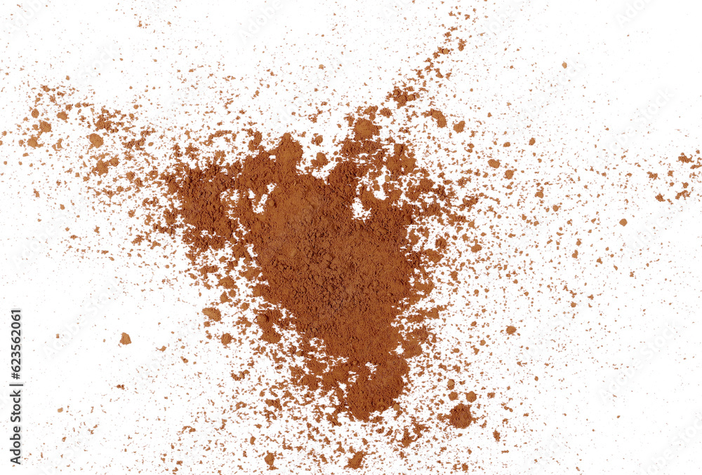 Pile cocoa powder isolated on white, top view Pile cocoa powder isolated on white, top view
