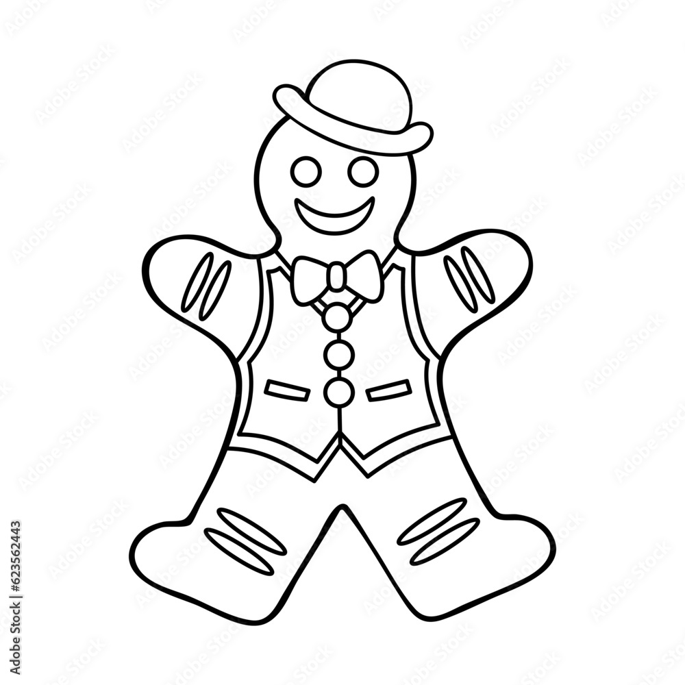 Naklejka premium Coloring book gingerbread men. Christmas sweet. Happy New Year. Gentleman character. Hand drawn line art illustration. Coloring page for kids and adults.