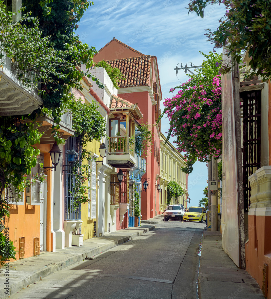 Street in the historical walled city town of Cartagena de Indias, Colombia.