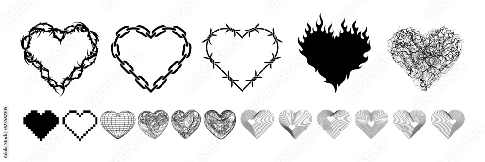 Y2k set of hearts - burning, from a chain, from a barbed wire, from cracks, from thorny bushes, wireframe, pixel and others. Hearts in different styles, old tattoo style, y2k, acid. Isolated set Y2k set of hearts - burning, from a chain, from a barbed wire, from cracks, from thorny bushes, wireframe, pixel and others. Hearts in different styles, old tattoo style, y2k, acid. Isolated set