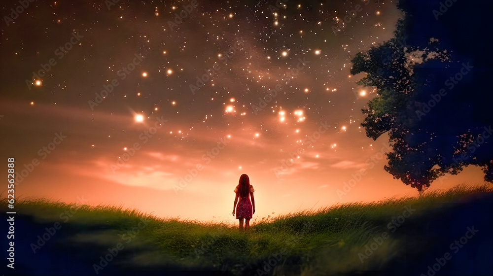 Enchanted Evening: Young Woman Gazing at a Starry Landscape - generative ai