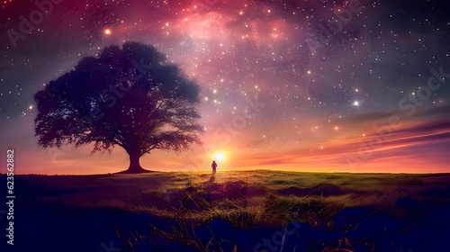 Enchanted Evening: Young Woman Gazing at a Starry Landscape - generative ai