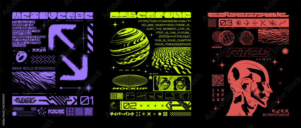 Brutalism acid print sets in retrofuturistic style, digital typeface ...