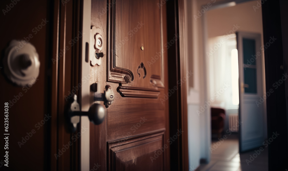 Image of half opened door. Old wooden door opened. Generative AI. Image of half opened door. Old wooden door opened. Generative AI.