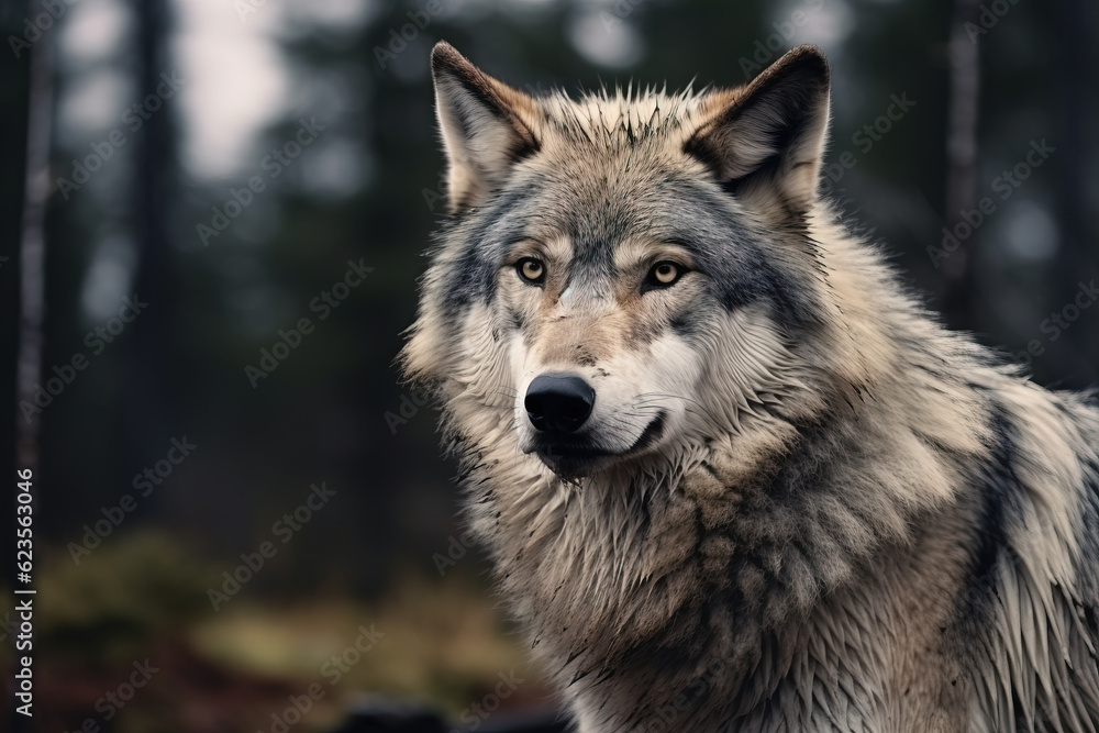 Beautiful and fierce wolf in the wilderness forest