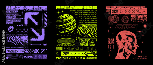 Brutalism acid print sets in retrofuturistic style, digital typeface, geometric shapes. Retro Y2K posters, Sci-fi graphic design for t-shirt, merch, streetwear. Translation from Japanese - cyberpunk