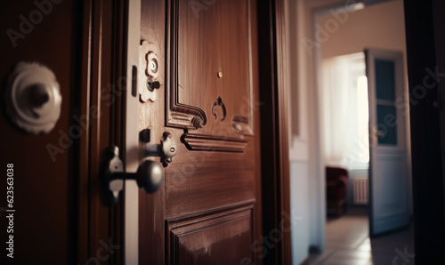 Image of half opened door. Old wooden door opened. Generative AI.