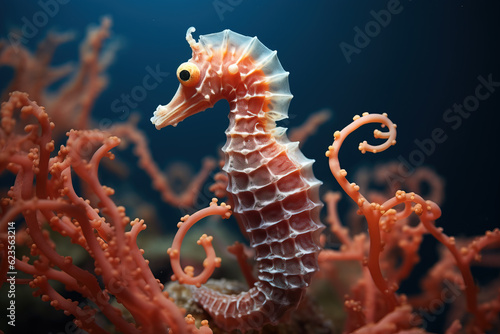 Closeup of a seahorse in a coral reef