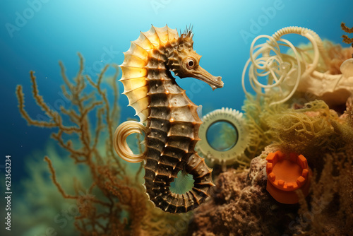 Closeup of a seahorse in a coral reef