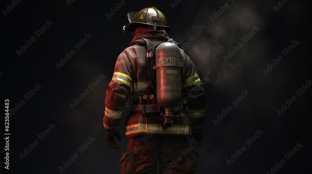 ai generative black view of a fireman against a smoke and black background 