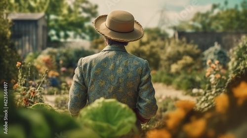 ai generative back view of a elegant man surrunded by flowers wearing formal wear 