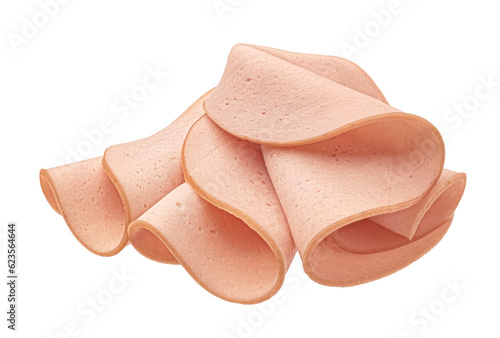 Boiled ham sausage slices isolated on white background, full depth of field