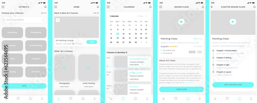 Art Education, Online Learning, Photography, Video, acrylic and Painting Classes App UI Kit Template