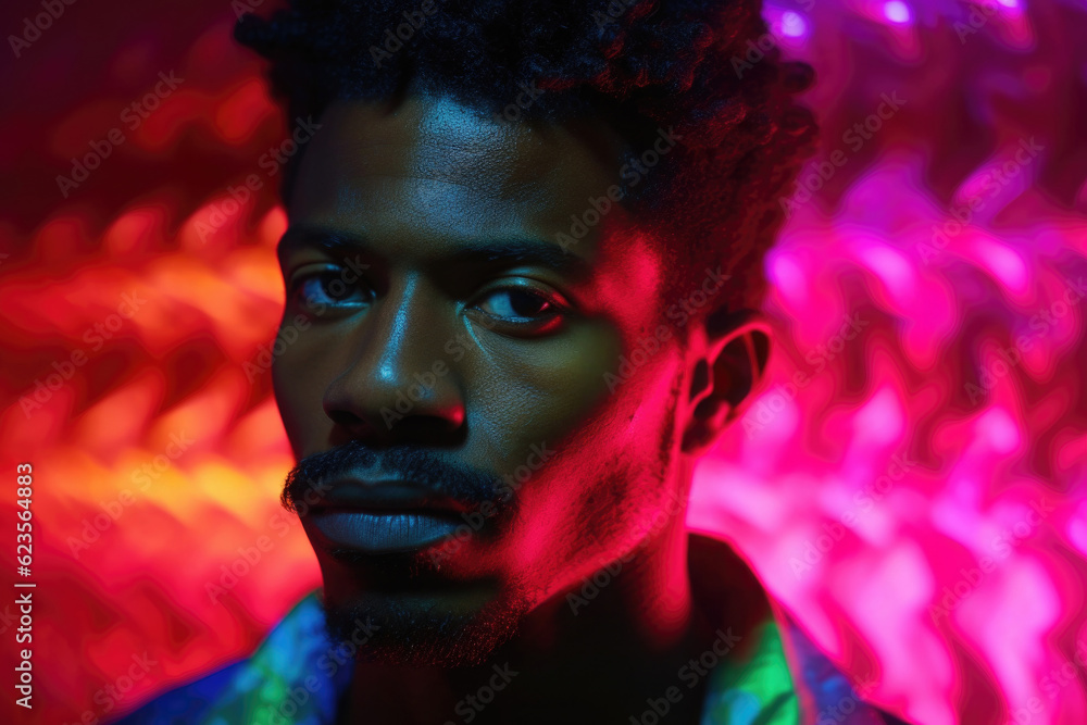 Black man fashion portrait on abstract colorful background. Afro american male model looking at camera, neon colored lighting. Created with Generative AI