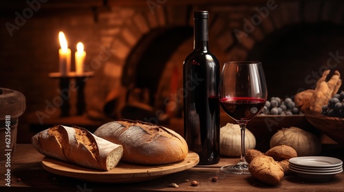 A bottle and a glass of wine and bread on a wooden table.