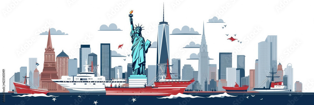 Fototapeta premium New York City panorama, urban landscape with modern buildings. Business travel and travelling of landmarks. Illustration, web background. Skyscraper silhouette. United States - Generative AI