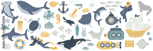 Vector ocean mega set with whale,turtle,jellyfish,shark,crab,octopus,diver,penguin,squid,dolphin,walrus,ship.Underwater animals.Illustration for fabric,childrens clothing,book,postcard,wrapping paper