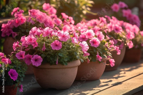 Pretty in Pink: Petunia Flowers in Flowerpots on a Delicate Background, Pink Petunia Flowers, Flowerpots, Background, Floral Beauty, Garden Delights, Spring Blossoms, Nature's Palette, © Sumon