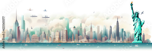 New York City panorama, urban landscape with modern buildings. Business travel and travelling of landmarks. Illustration, web background. Skyscraper silhouette. United States - Generative AI