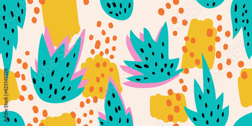 Seamless modern pattern with tropical plants. Hand drawn collage with palm leaf, fern branches, animal stains. Exotic colorful floral pattern with abstract elements on beige background. Freehand