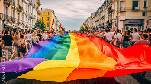 many people next to a rainbow flag celebrate a gay pride demonstration on the street in daylight homosexual pride. Vibrant Pride parade with rainbow flags marchers in colorful costumes. Generative AI
