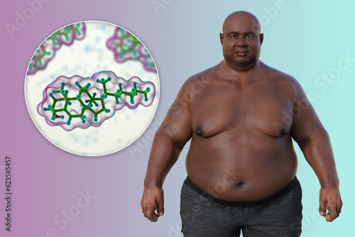 A 3D medical illustration featuring an overweight man with a close-up view of a cholesterol molecule