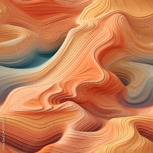 Wavy texture over desert illustration. Surreal 3D landscape in earthy color palette, figurative distortions inspired by nature. Sandy beach background. Generative AI