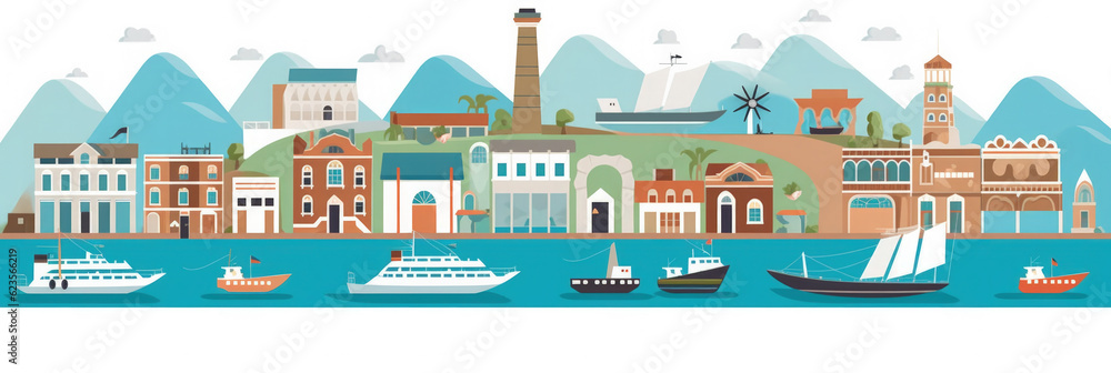 Santorini city panorama, urban landscape. Business travel and travelling of landmarks. Illustration, web background. Buildings silhouette. Greece - Generative AI