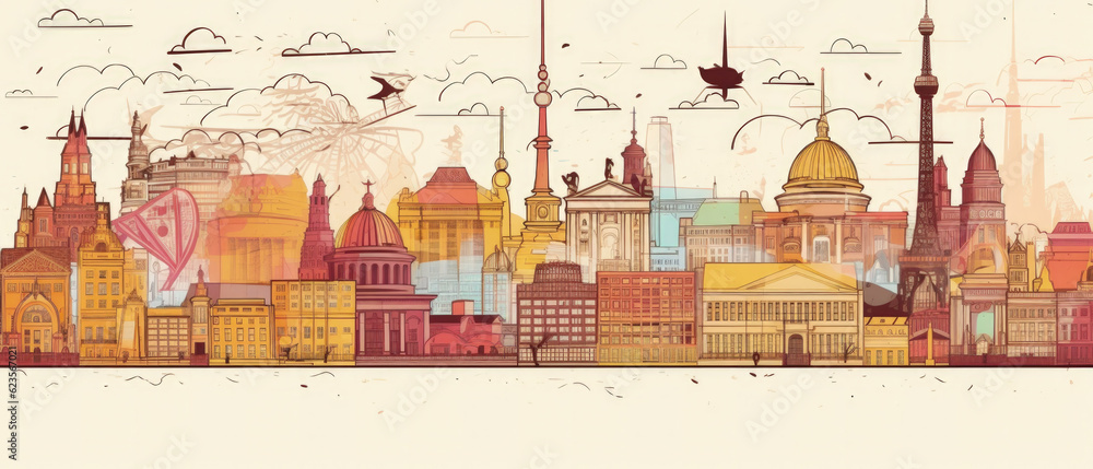 Obraz premium Germany Famous Landmarks Skyline Silhouette Style, Colorful, Cityscape, Travel and Tourist Attraction - Generative AI
