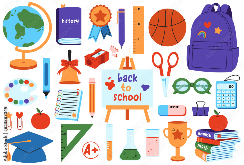 Big collection of cute school stationery in flat cartoon style. Set of hand drawn accessories for study, student equipment. Back to school concept. 