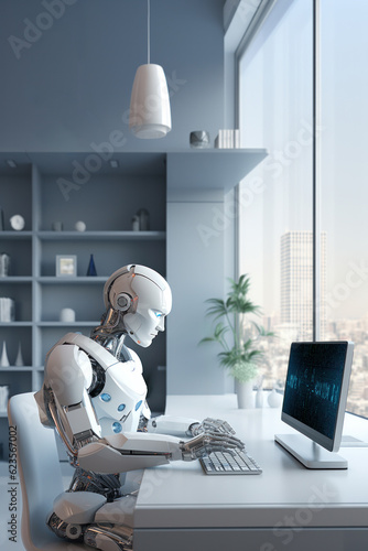A humanoid robot working in an office in front of a computer