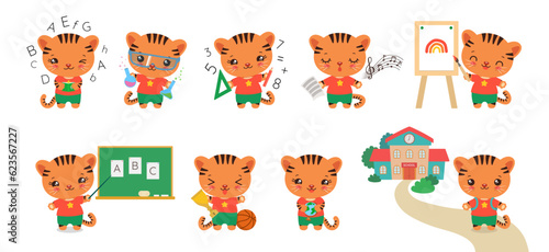 Back to school animal collection. Kawaii tiger - student of elementary school. Doodle set cute student with school supplies. Cartoon style. Flat design elements for ads, sticker, animation, packaging.