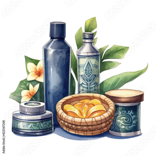 Cosmetic products with flowers and leaves watercolor png illustration