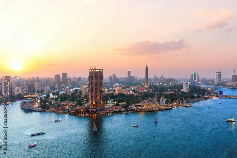 Cairo aerial panorama, the Nile with modern buildings, sunset view, Egypt