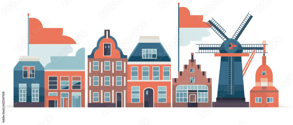 Netherlands Famous Landmarks Skyline Silhouette Style, Colorful, Cityscape, Travel and Tourist Attraction - Generative AI
