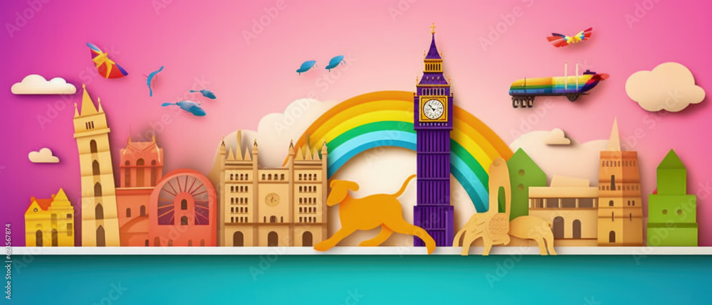 United Kingdom Landmarks Skyline Silhouette Style, Colorful, Cityscape, Travel and Tourist Attraction - Generative AI