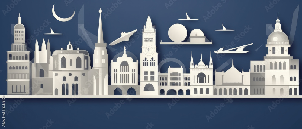 World Famous Landmarks Skyline Silhouette Style, Colorful, Cityscape, Travel and Tourist Attraction - Generative AI