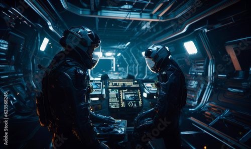 Two spacemen sit in the pilot cabin of a space ship. Cosmonauts wearing innovative protective suits and helmets. Space travels concept. Generative AI.
