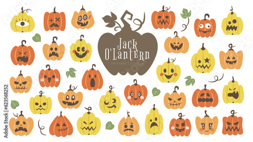 ハロウィンのかぼちゃ（ジャックオーランタン）のイラストセット 31種 © soo.